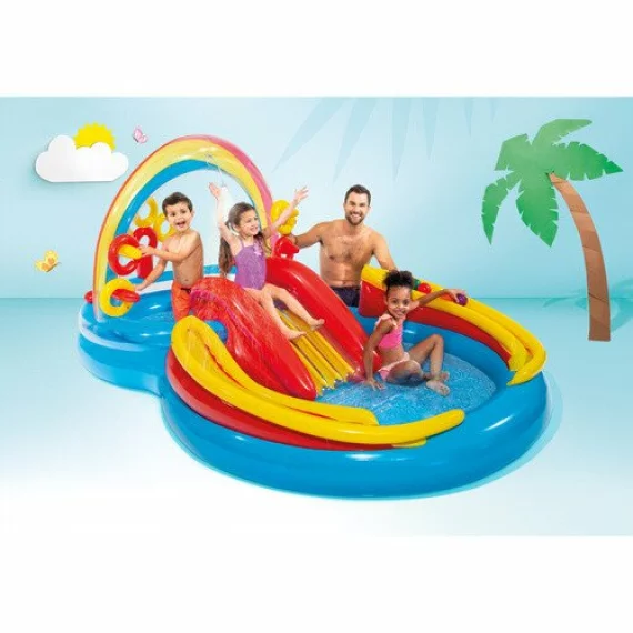 Piscina, Loc de Joaca Acvatic Gonflabil Curcubeu Intex 57453NP – 297 x 193 x 135 cm, Tobogan, Fantana, Inele si Mingi