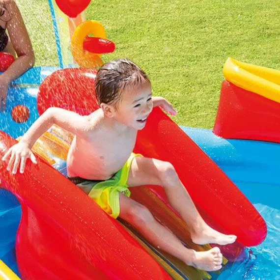 Piscina, Loc de Joaca Acvatic Gonflabil Curcubeu Intex 57453NP – 297 x 193 x 135 cm, Tobogan, Fantana, Inele si Mingi