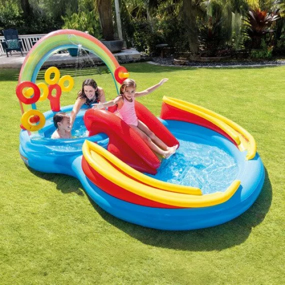 Piscina, Loc de Joaca Acvatic Gonflabil Curcubeu Intex 57453NP – 297 x 193 x 135 cm, Tobogan, Fantana, Inele si Mingi