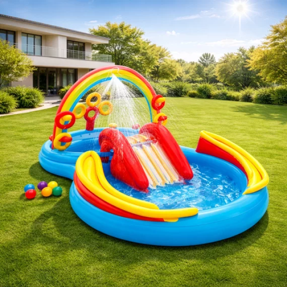 Piscina, Loc de Joaca Acvatic Gonflabil Curcubeu Intex 57453NP – 297 x 193 x 135 cm, Tobogan, Fantana, Inele si Mingi