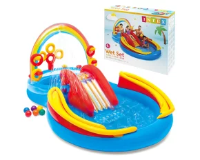 Piscina, Loc de Joaca Acvatic Gonflabil Curcubeu Intex 57453NP – 297 x 193 x 135 cm, Tobogan, Fantana, Inele si Mingi