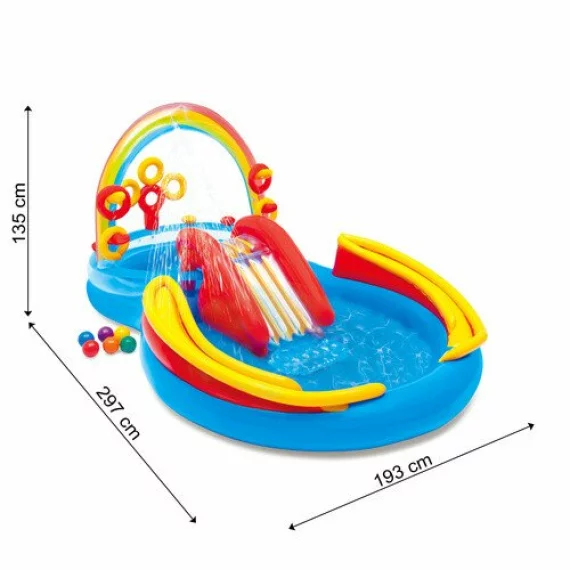 Piscina, Loc de Joaca Acvatic Gonflabil Curcubeu Intex 57453NP – 297 x 193 x 135 cm, Tobogan, Fantana, Inele si Mingi