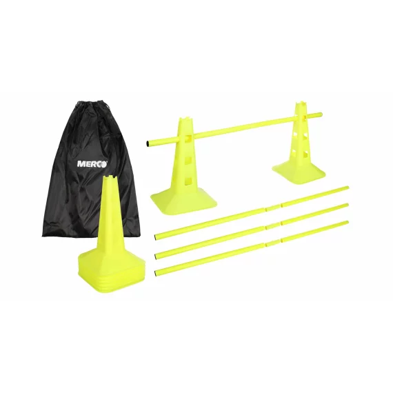 Set antrenament pentru agilitate Merco Jump 8CS38, compus din 8 conuri de 38 cm si 8 bare pliabile