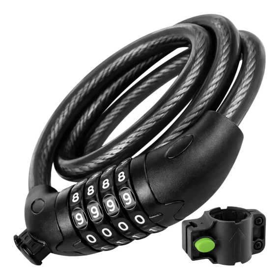 Lacat / antifurt bicicleta cu cifru Trizand, cablu spiralat 120 cm x 13.5 mm, suport de montare inclus, negru