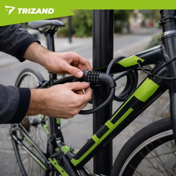 Lacat / antifurt bicicleta cu cifru Trizand, cablu spiralat 120 cm x 13.5 mm, suport de montare inclus, negru