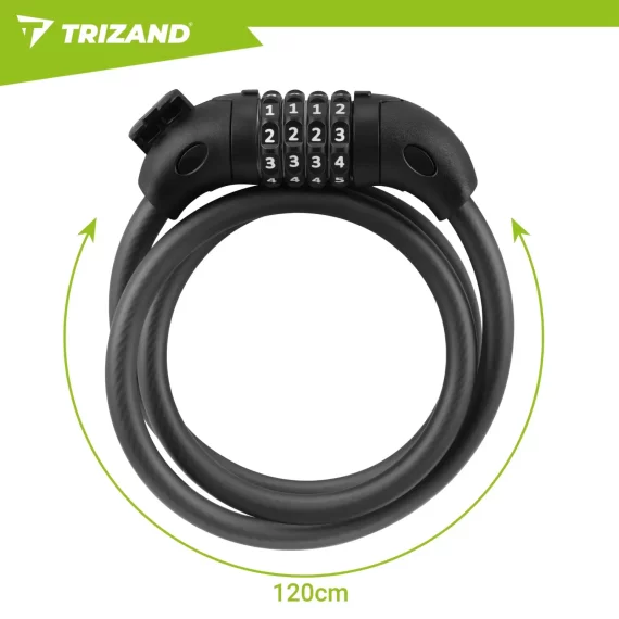 Lacat / antifurt bicicleta cu cifru Trizand, cablu spiralat 120 cm x 13.5 mm, suport de montare inclus, negru