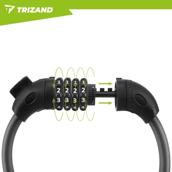 Lacat / antifurt bicicleta cu cifru Trizand, cablu spiralat 120 cm x 13.5 mm, suport de montare inclus, negru